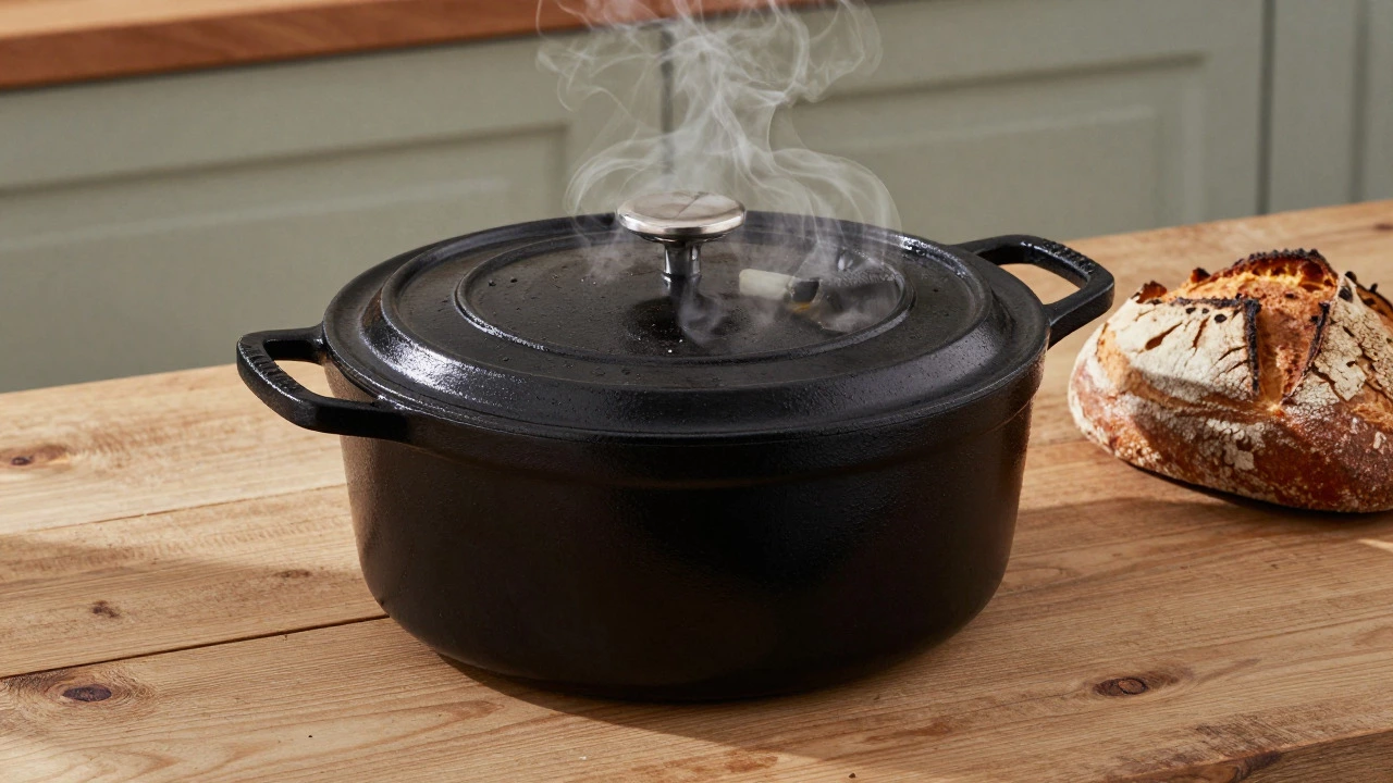 Black cast iron Dutch oven with stew and sourdough bread on wood