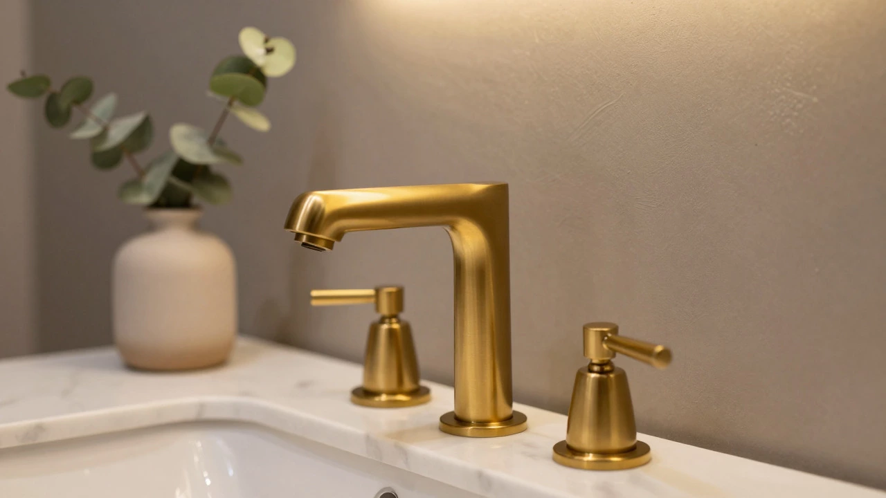 Brass faucet and marble counter against warm grey textured wall
