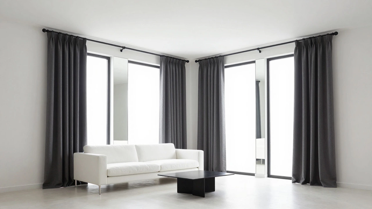 Bright living room with white sofa, dark grey curtains, and black metal rod