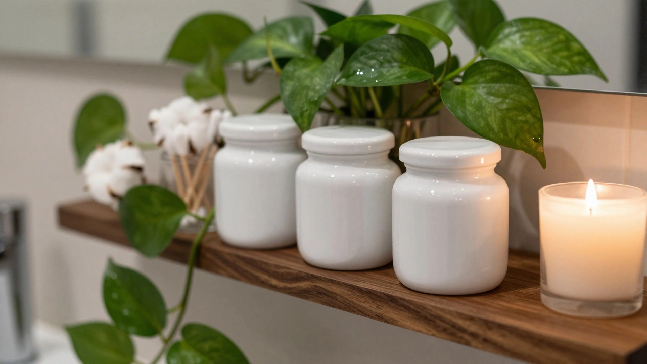 Ceramic storage jars and a potted plant on a wooden bathroom shelf.
