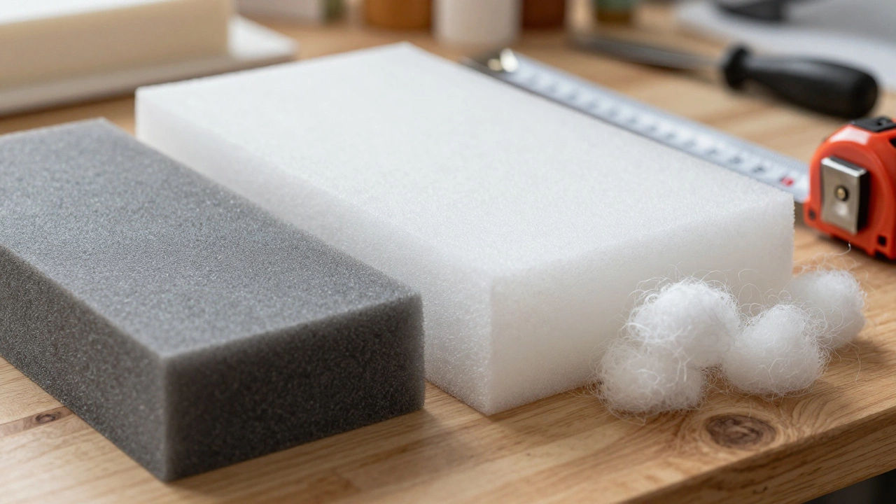 Close up of different foam types and a tape measure on a workbench for sofa repair.