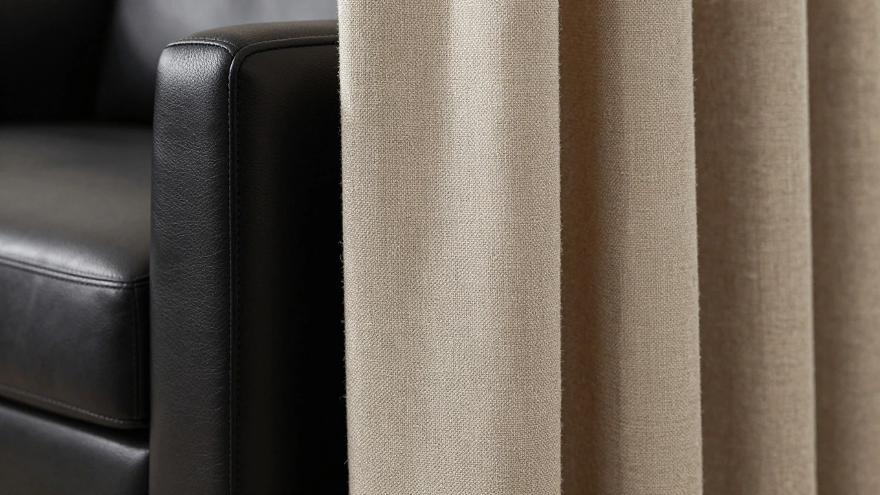 Close-up of smooth black leather sofa next to textured beige linen fabric