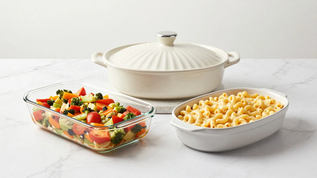 Glass and ceramic baking dishes filled with casseroles on marble
