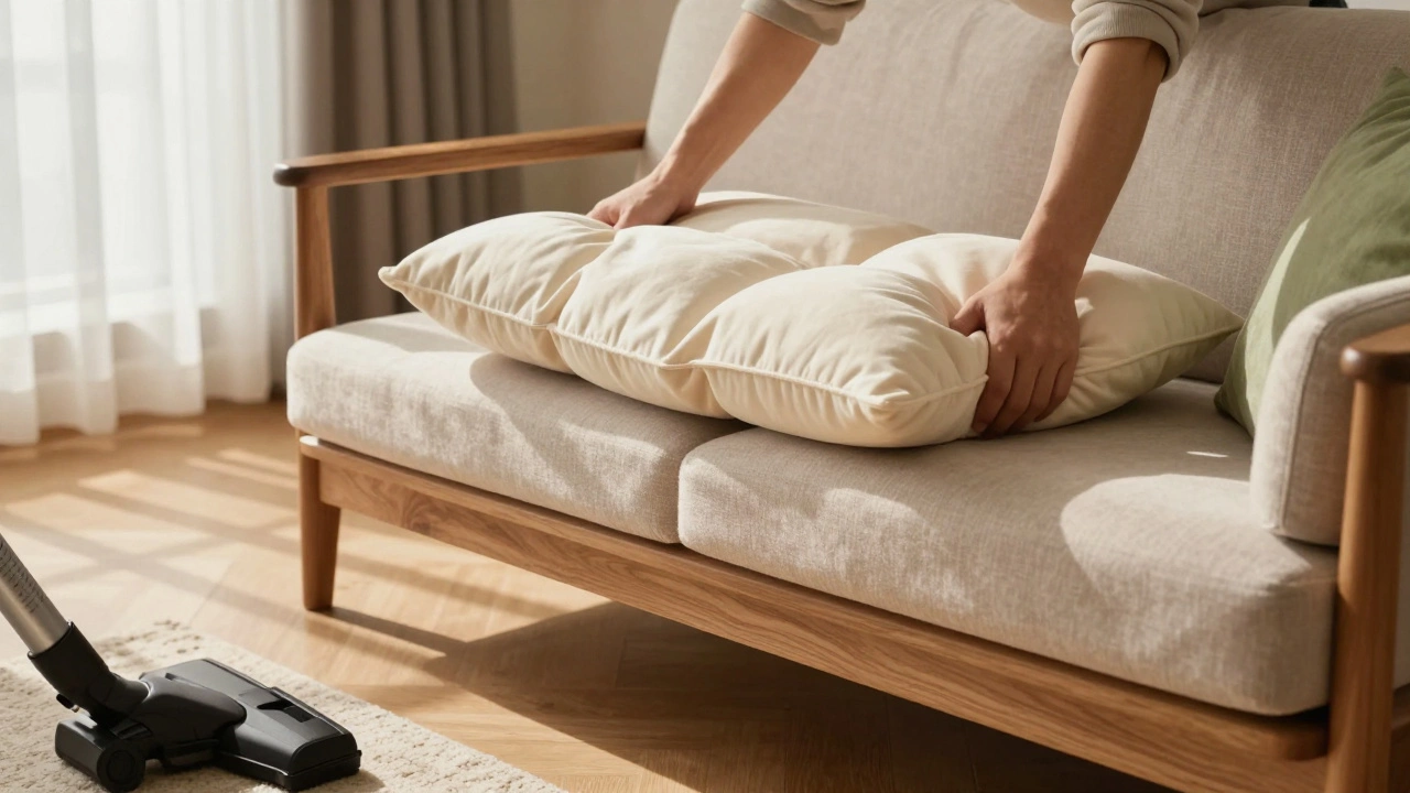 Hands rotating sofa cushions in a sunlit living room for maintenance