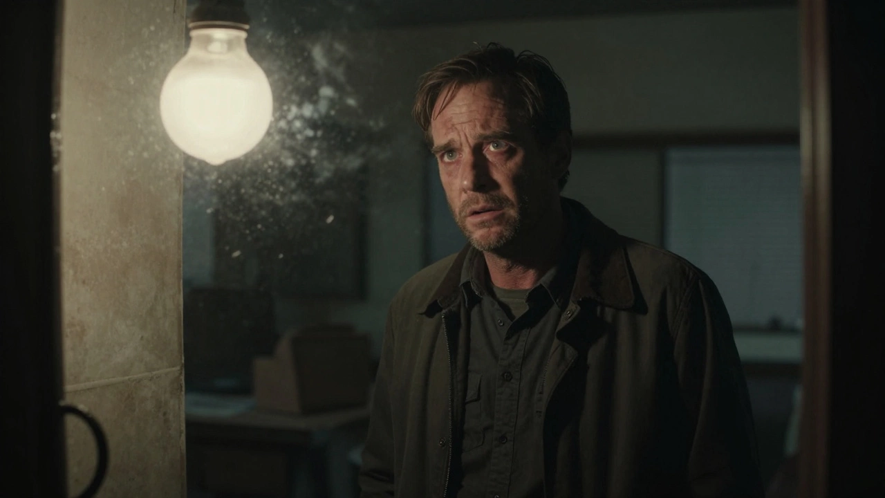 Haunted detective stares into a mirror in a dimly lit, dusty store, looking terrified.