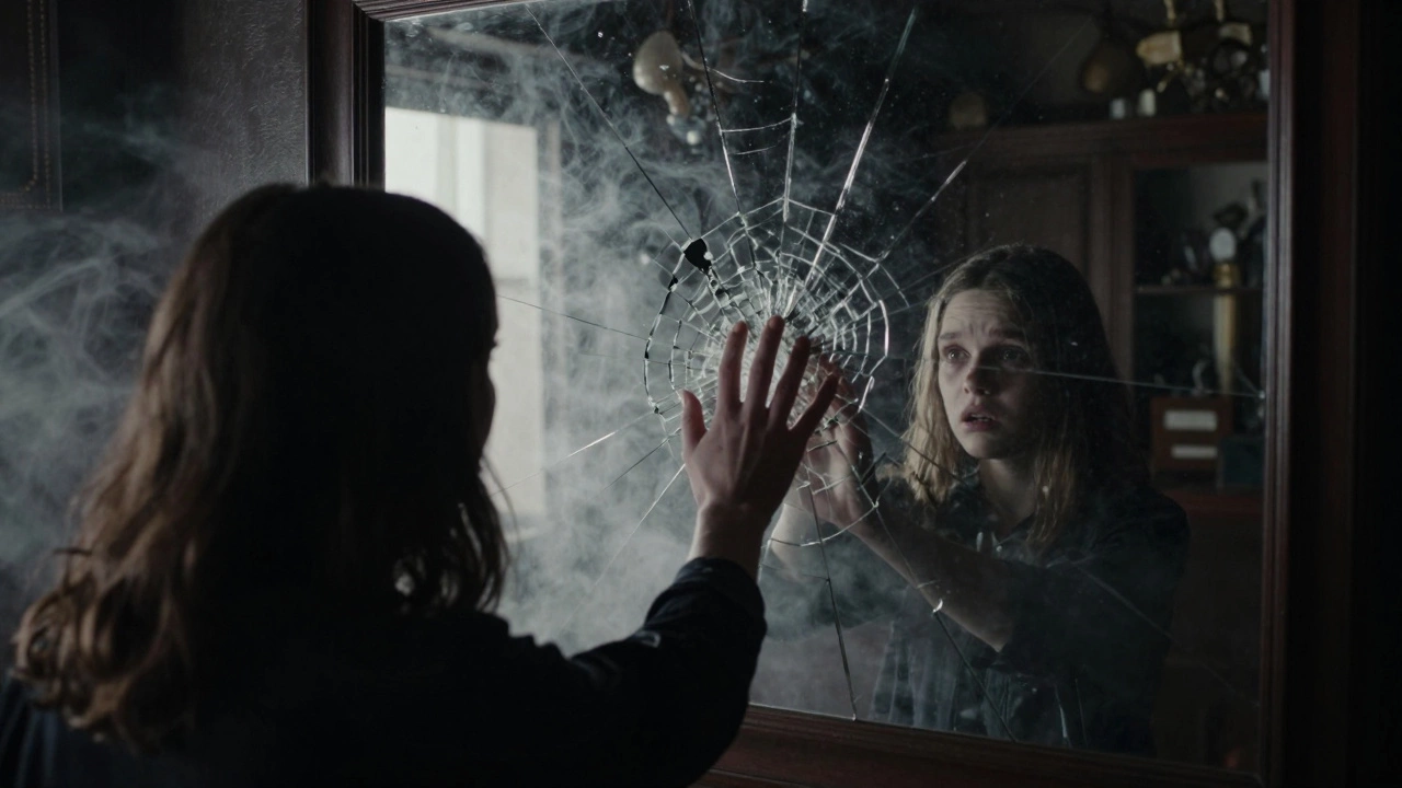 Man reaches through a rippling mirror surface to touch a trapped girl's reflection.