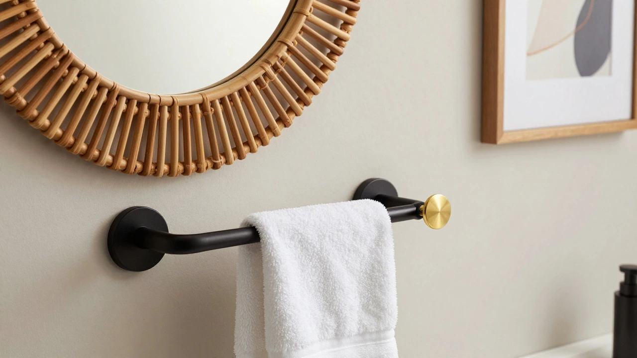 Matte black and gold bathroom fixtures with rattan mirror