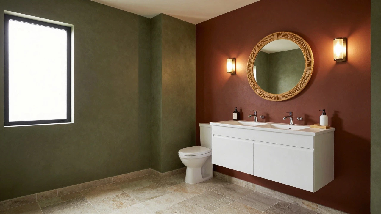 Olive green and terracotta bathroom with rattan mirror frame