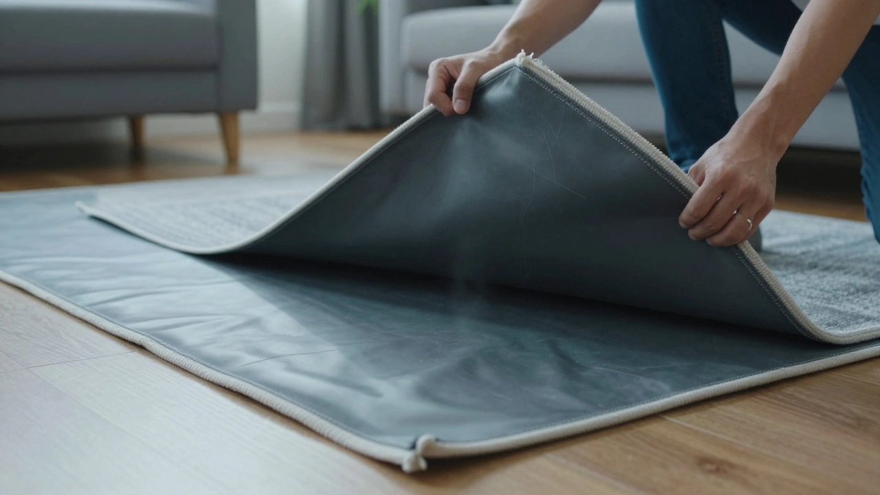 Person checking a rug's synthetic backing for quality issues