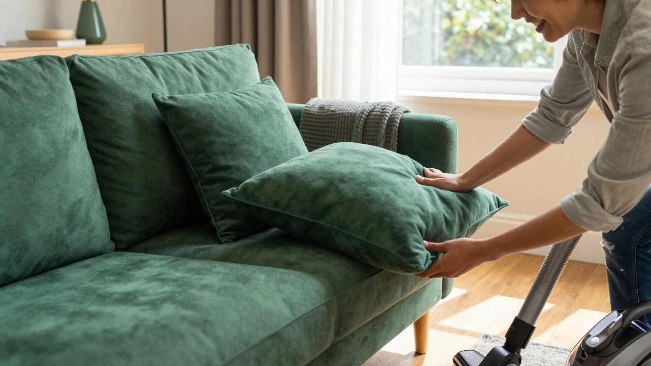 Person rotating green sofa cushions and cleaning in a sunny living room.