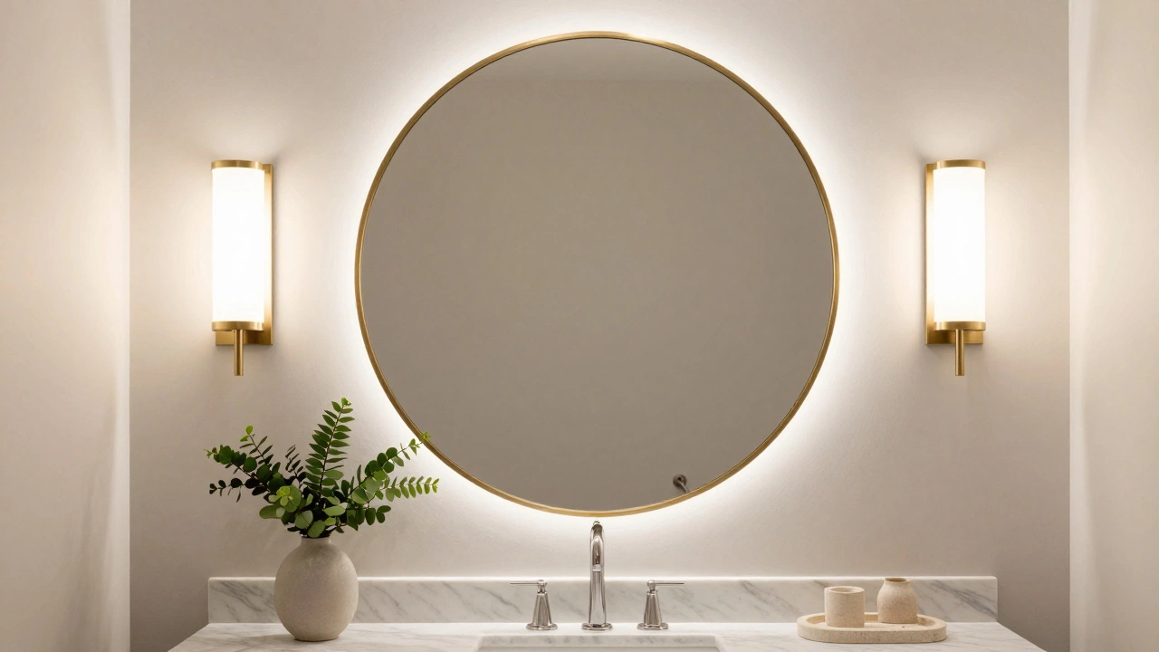 Round brass-framed mirror with warm sconce lighting above a marble vanity.