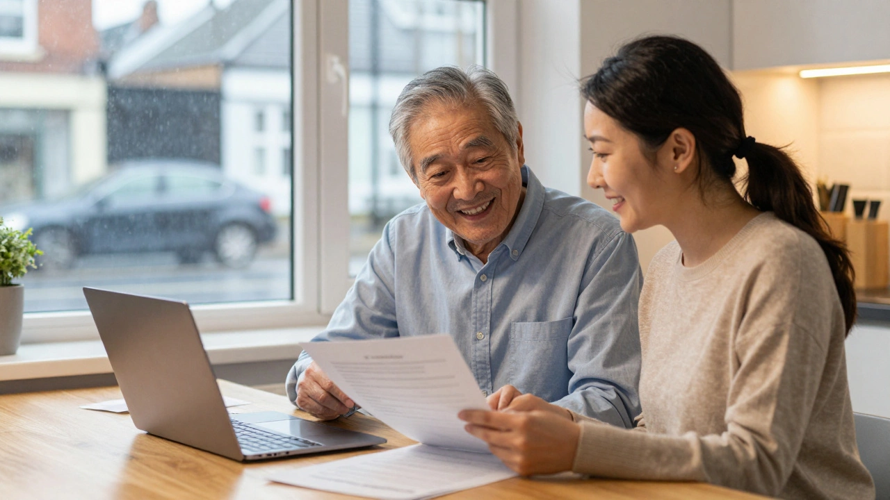 Senior and daughter discussing care options at a kitchen table with a rainy UK view outside.
