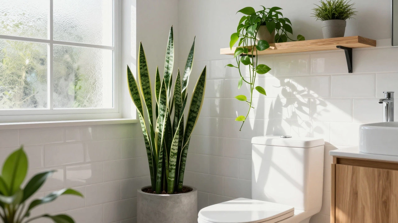 Snake plant and pothos vines in a bright, tiled bathroom
