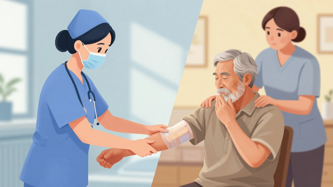 Split image contrasting a nurse providing medical care with a caregiver helping with daily tasks.
