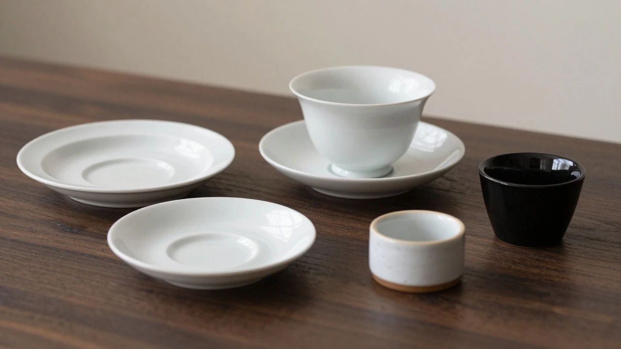 Assorted ceramic saucers and underplates arranged on a wooden table