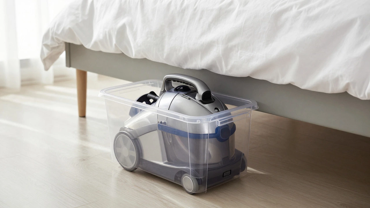 Canister vacuum stored in a wheeled bin under a platform bed