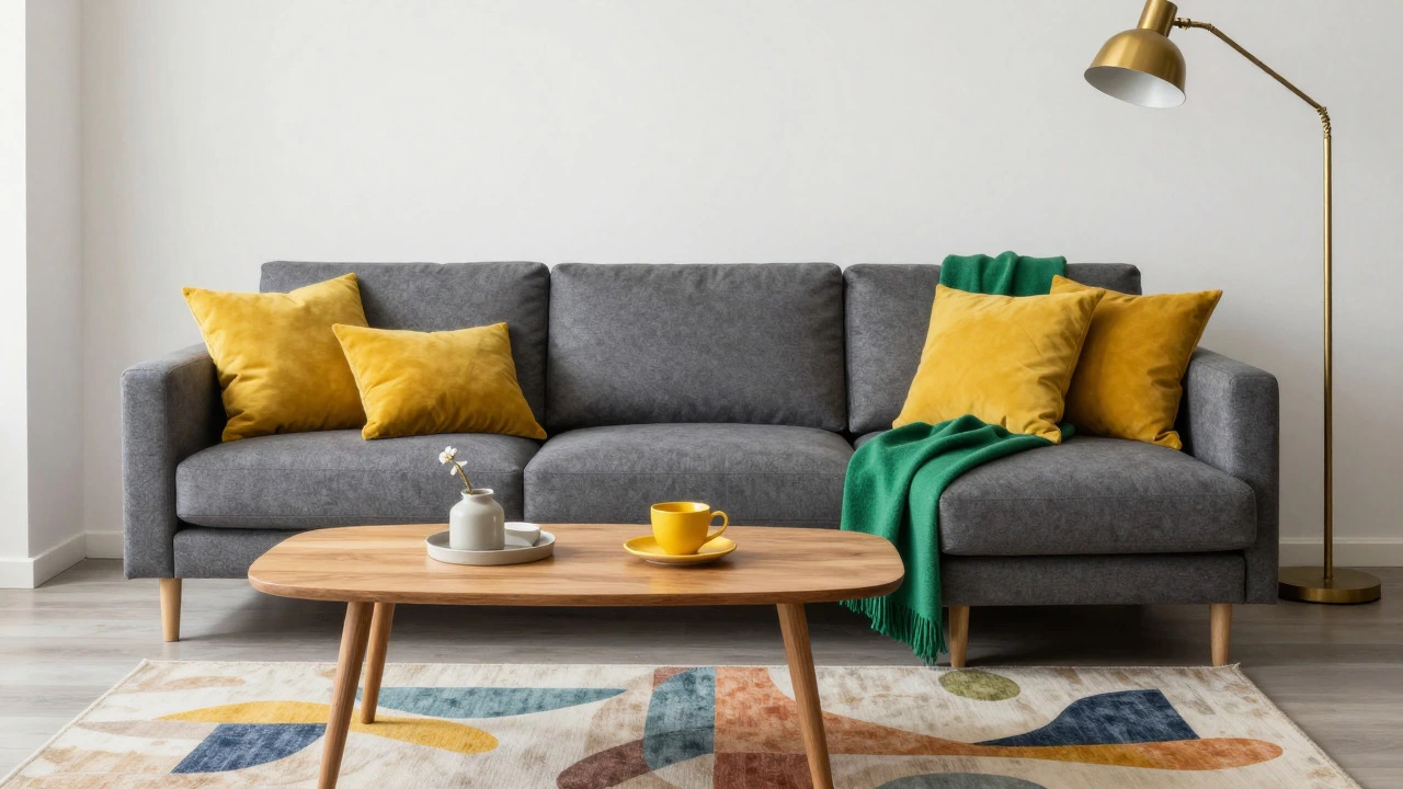 Charcoal grey sofa styled with vibrant yellow and green accessories