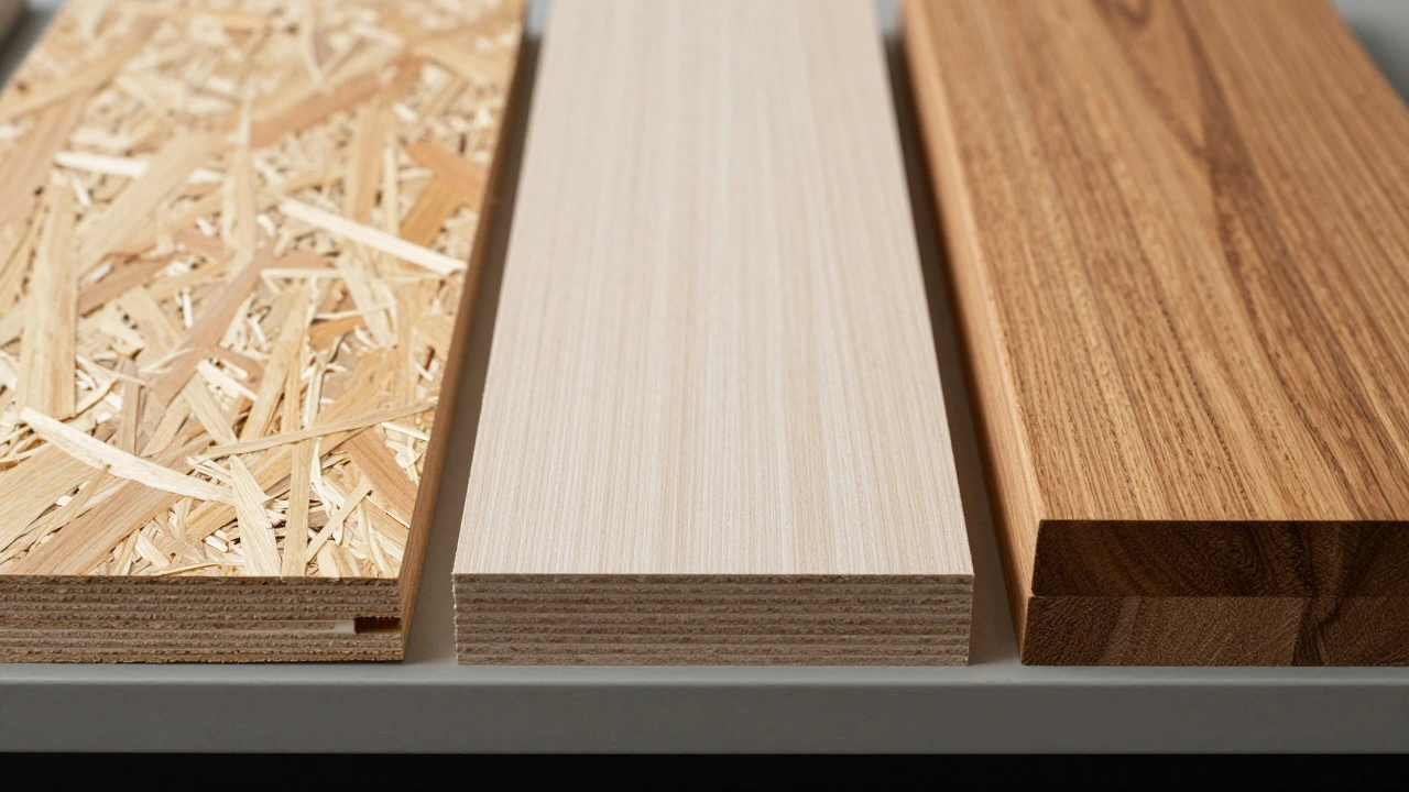 Close-up comparison of particle board, MDF, and solid oak wood samples