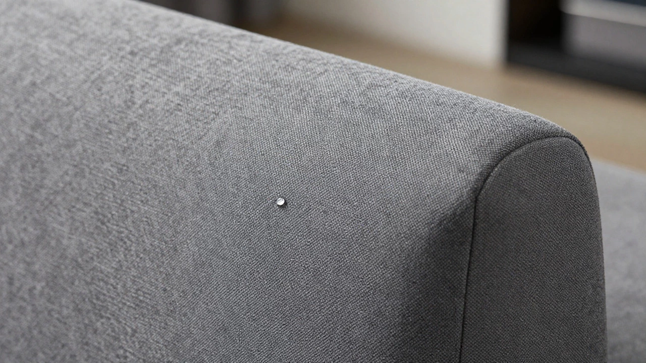 Close-up of textured grey performance fabric with water droplet