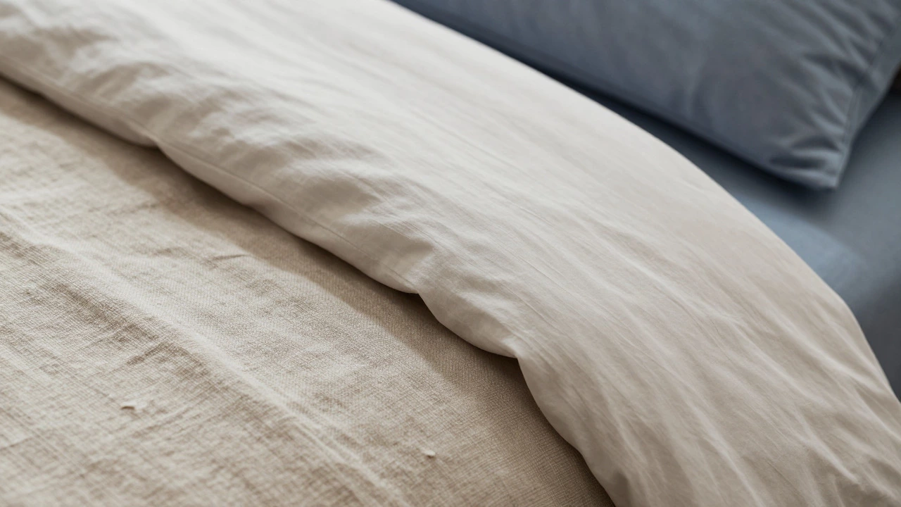 Close-up of textured percale cotton and stonewashed linen fabrics