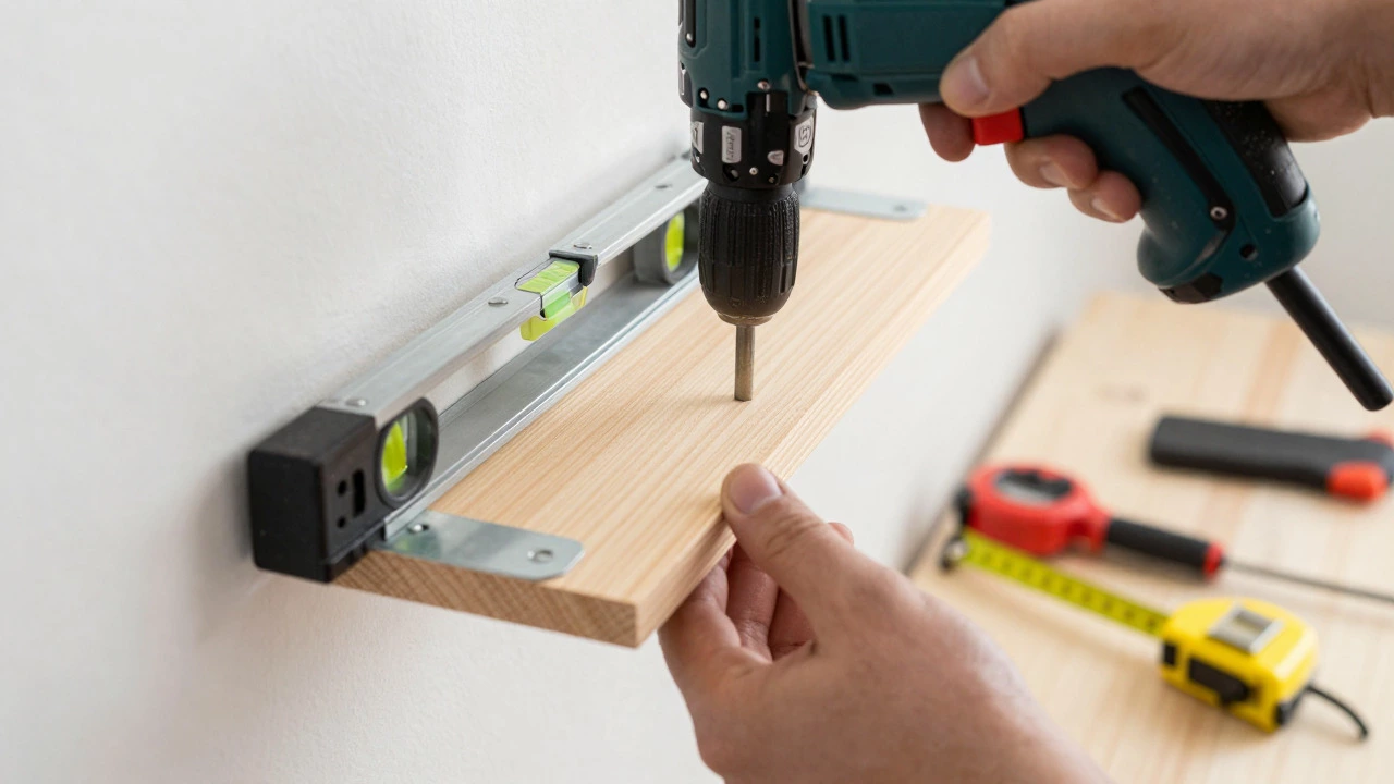 DIY installation of floating shelves with tools and brackets on a wall