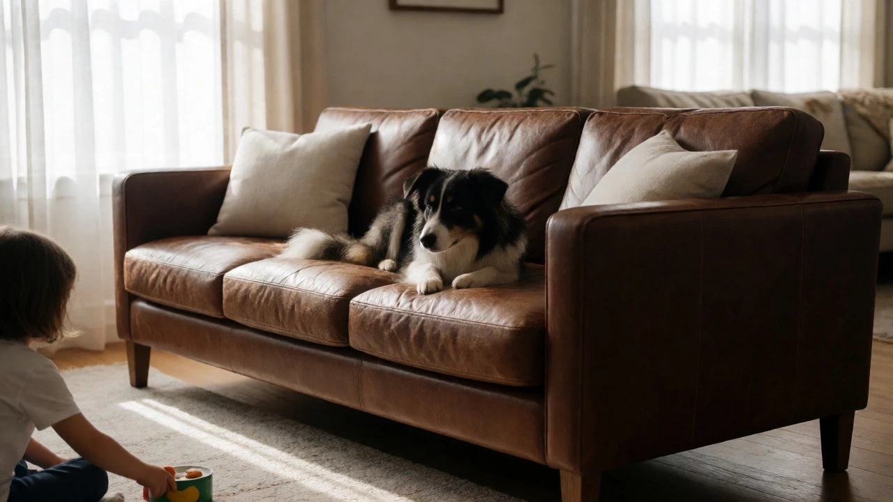 Family dog resting on a durable, patinaed leather sofa in a sunlit living room.