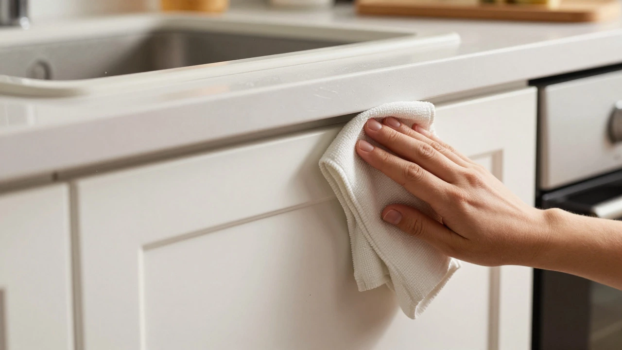Hand wiping a white cabinet door with a microfiber cloth in a kitchen