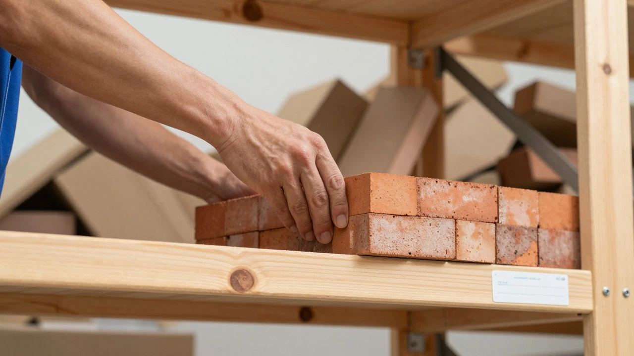 Hands arranging items securely on a shelf using brick pattern