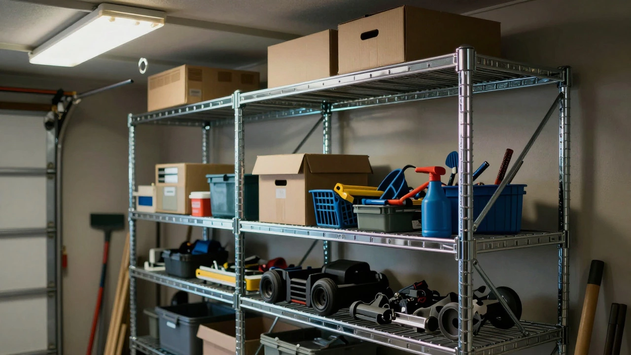Heavy-duty wire shelving units storing tools and supplies in a garage