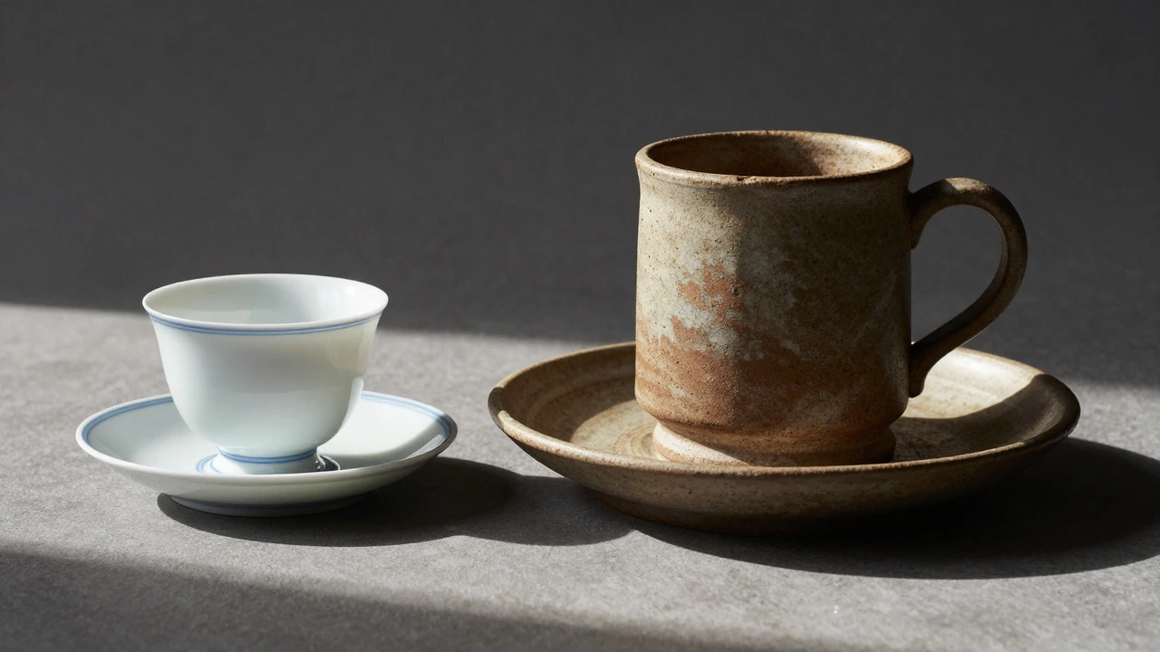 Heavy stoneware mug on a stable plate next to a delicate porcelain cup