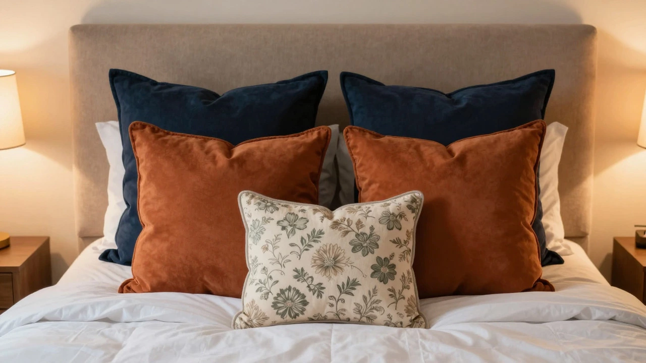King-size bed styled with layered decorative pillows in navy, orange, and floral patterns