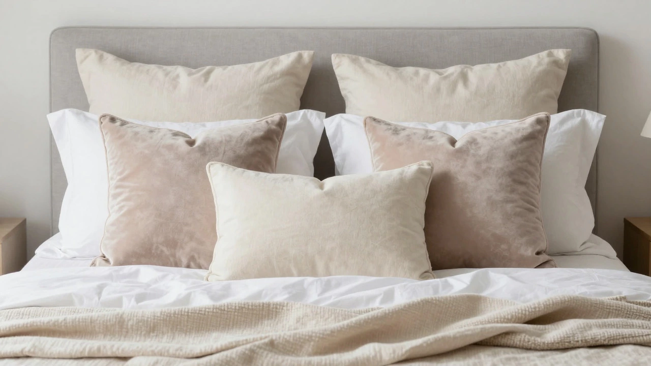 Layered Euro shams and decorative pillows on a made bed
