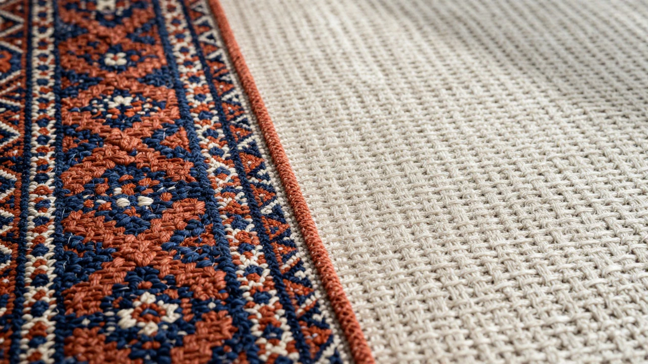 Macro view contrasting the intricate knots of a hand-knotted rug with machine-made weave