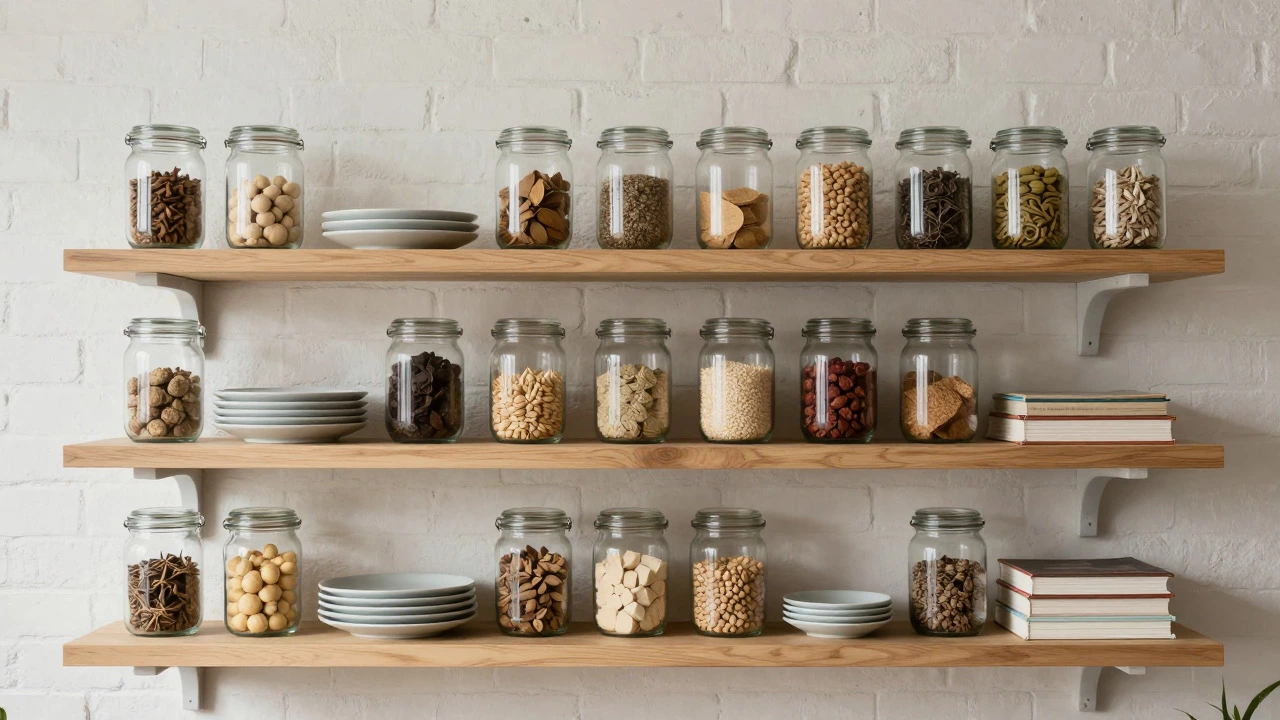 Organized open shelves with matching jars and ceramics for aesthetics