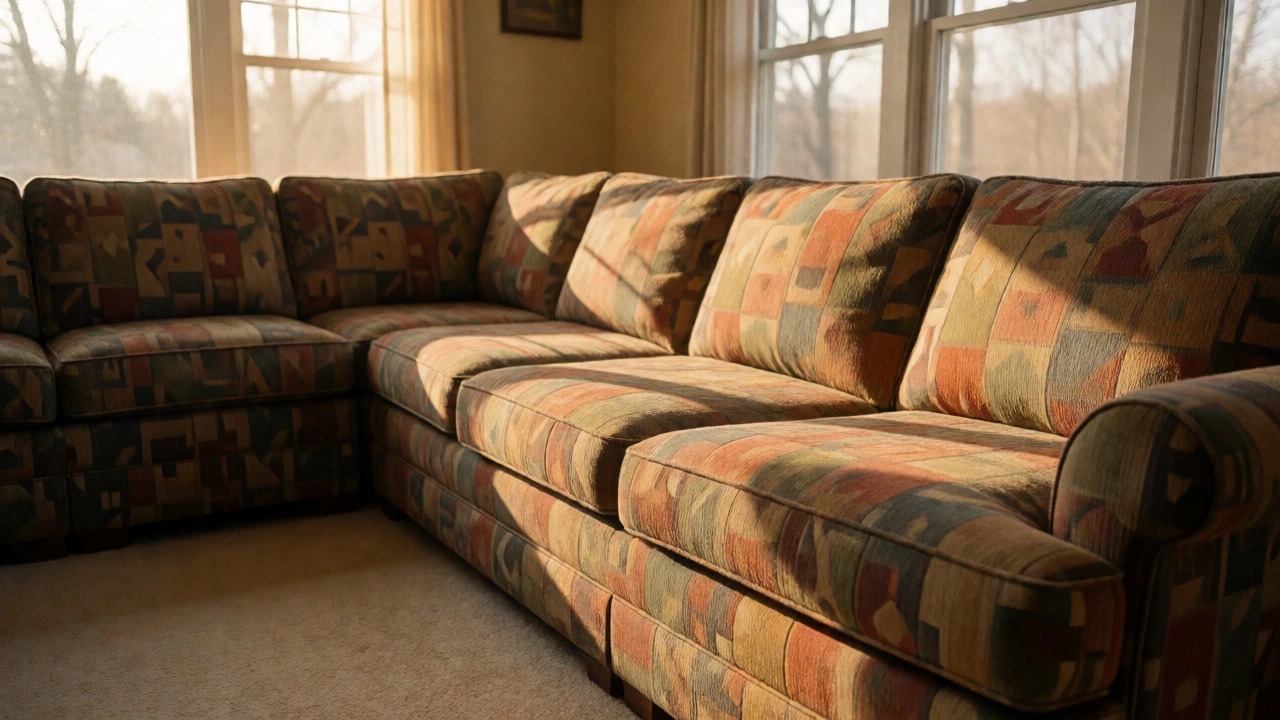 Patterned mid-tone sectional sofa in a sunlit living room