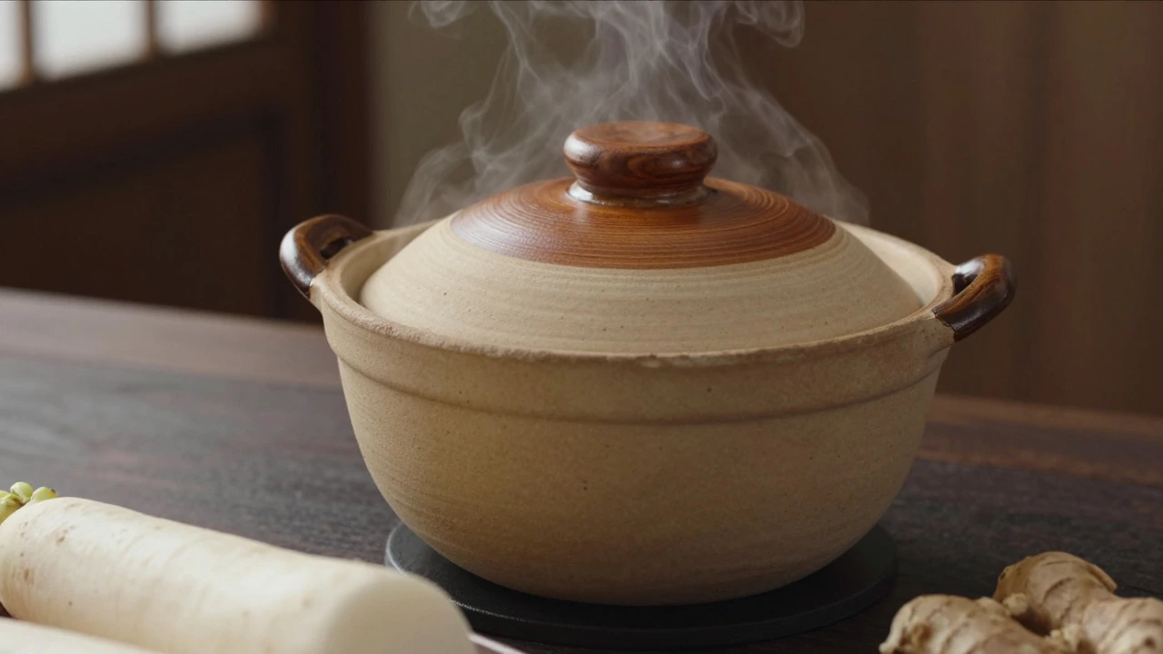 Steaming Donabe clay pot with wooden lid on a wooden table