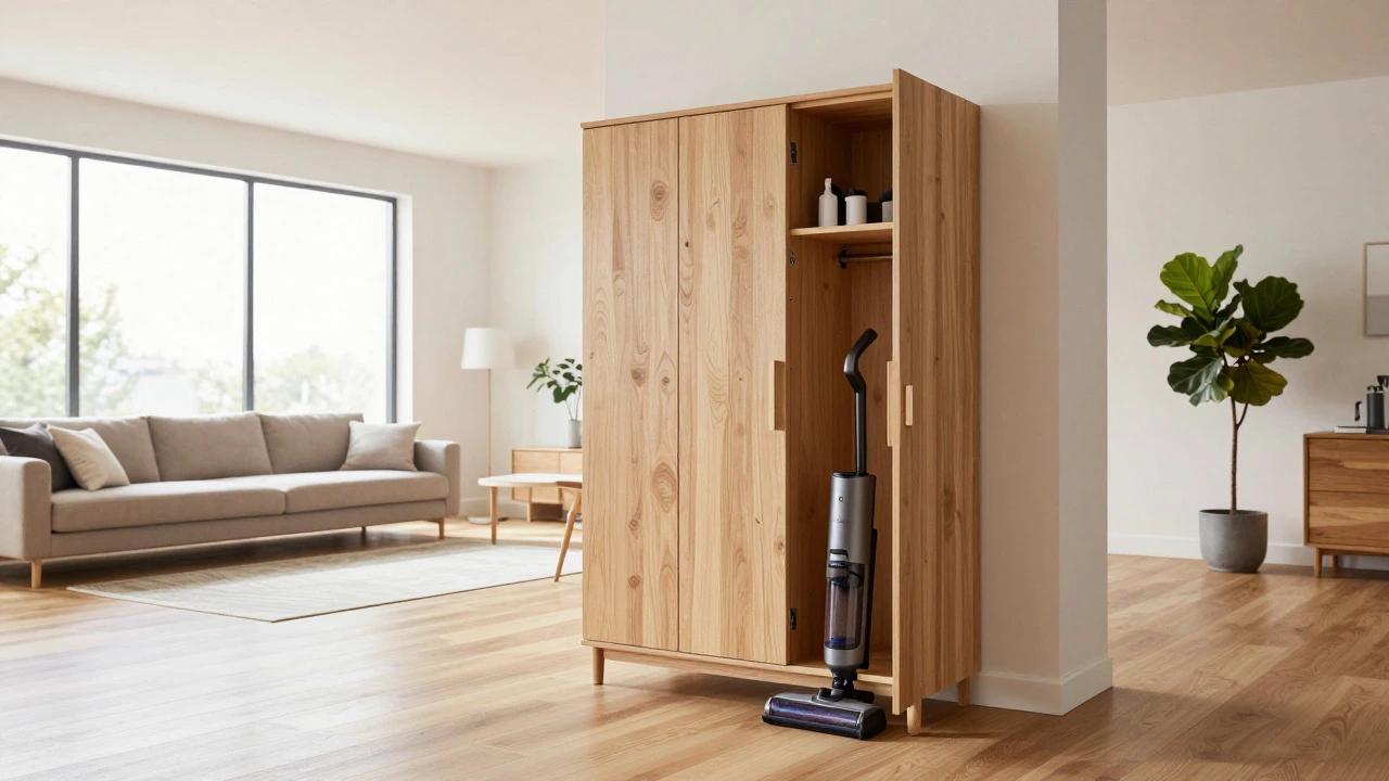 Tall wooden cabinet in a living room containing a vacuum cleaner
