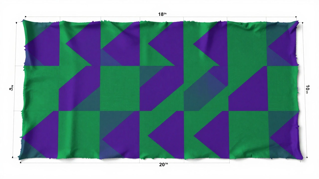 Top-down view of square fabric cuts demonstrating minimal waste on a patterned textile bolt