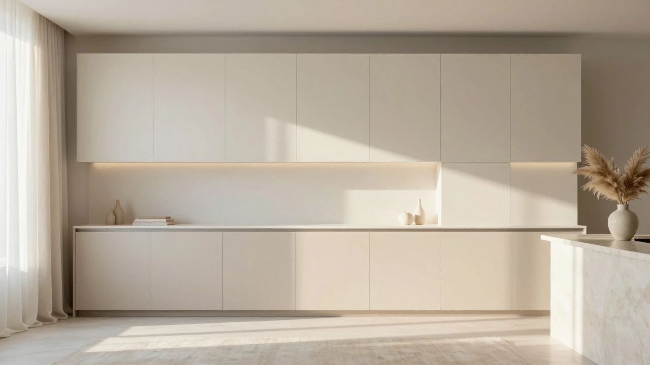 Warm minimalist interior featuring cream and beige two-tone cabinetry