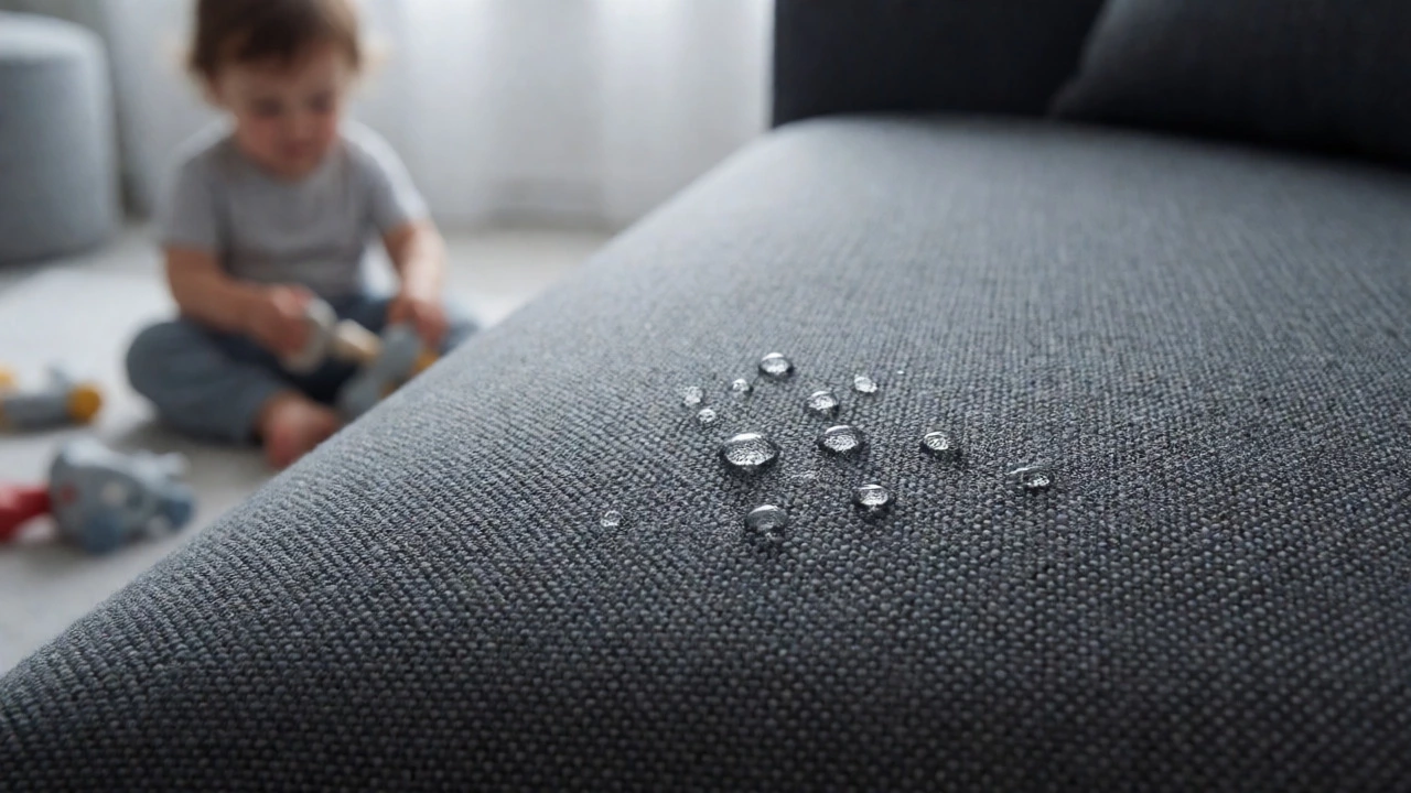 Water droplets beading on a charcoal grey performance fabric