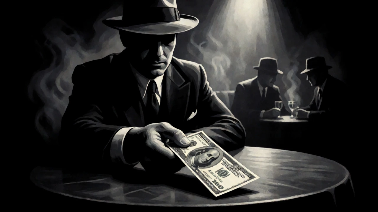 1920s noir scene with a hundred dollar bill
