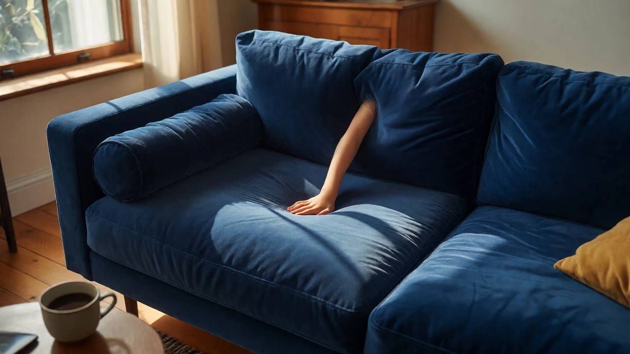 Child pressing into a plush sofa cushion to test foam density and resilience.