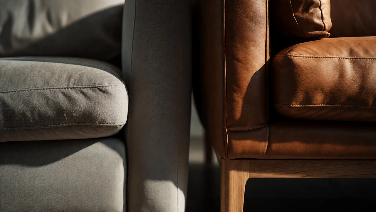Close-up comparing worn budget fabric and premium leather sofa materials