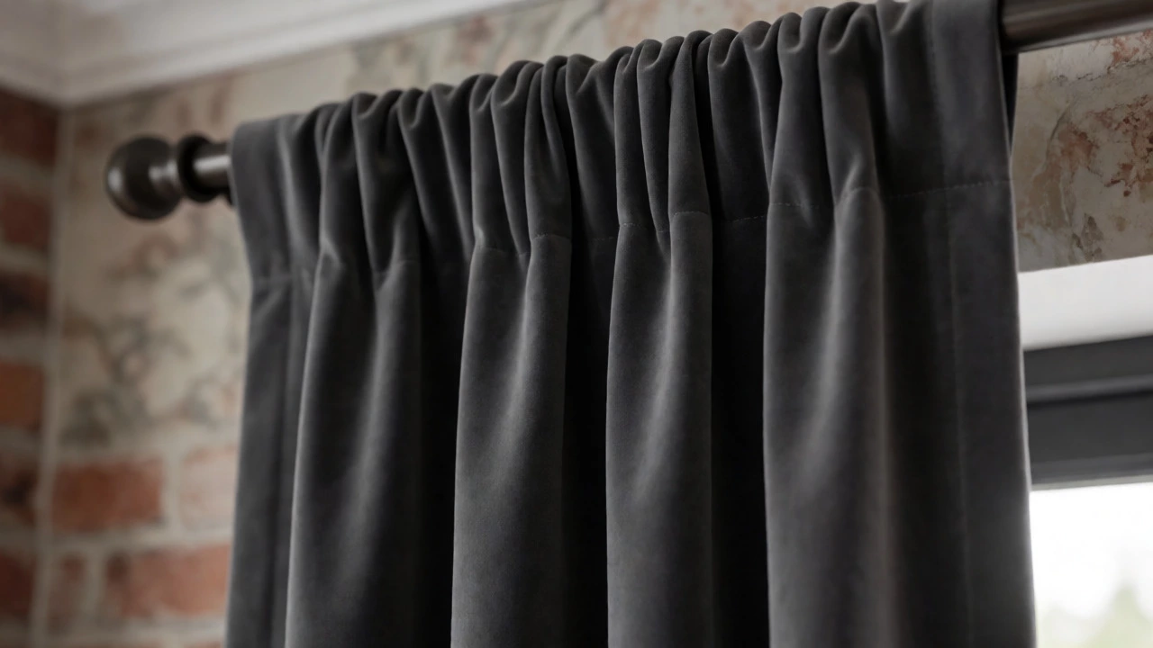 Close-up of deep pleats and overlapping velvet curtain panels