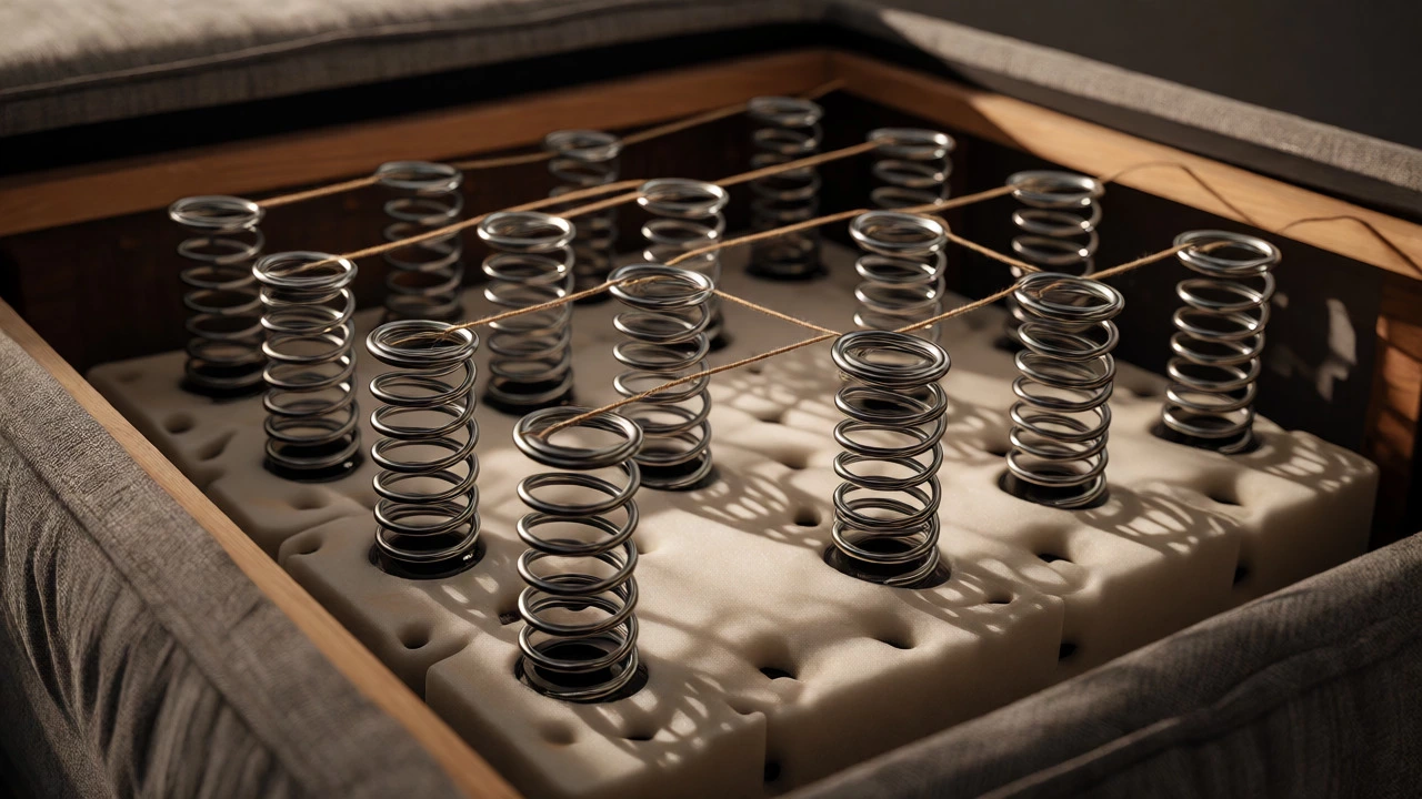 Close-up of eight-way hand-tied springs inside a sofa seat structure.