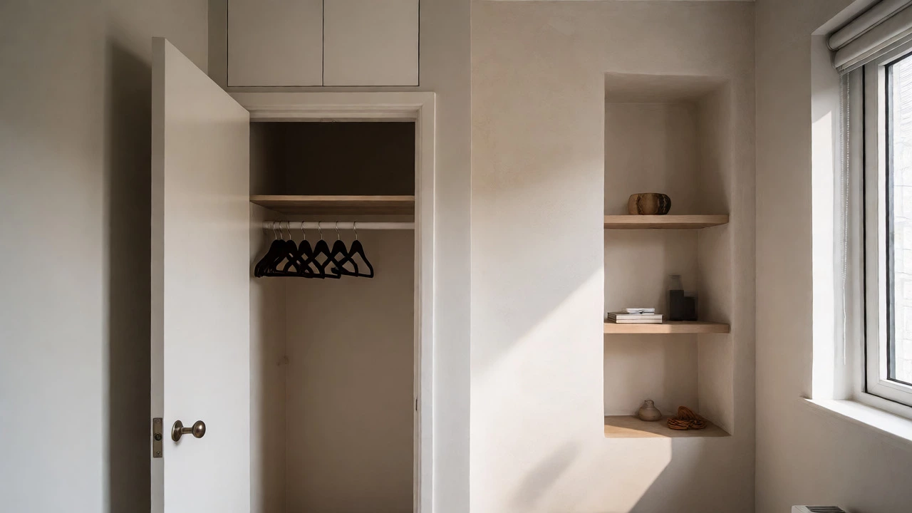 Compact bedroom with recessed wall shelves and efficient wardrobe organization
