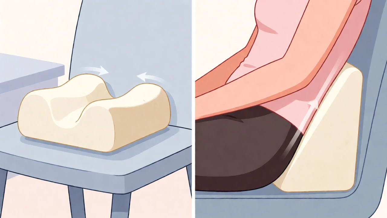 Comparison of coccyx cutout and lumbar wedge cushions for spinal support.