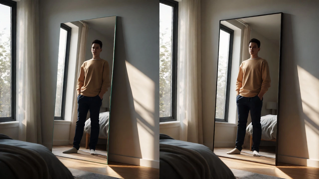 Comparison of distorted reflection in thin mirror versus clear image in thick mirror.