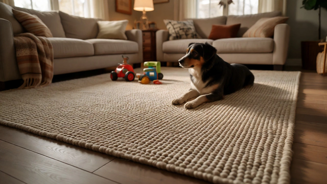 Durable wool rug with dog in cozy home