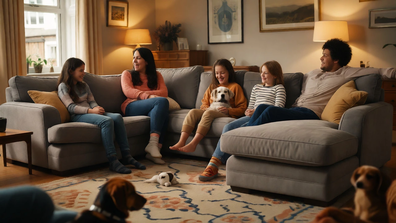 Family relaxing on a durable sectional sofa in a cozy home